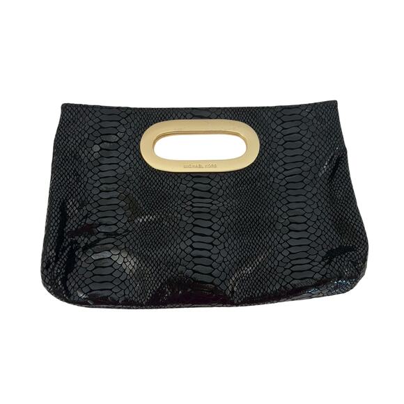 Michael Kors Berkley Clutch Leather Bag Snakeskin Python Pattern Black/Gold - Picture 1 of 10